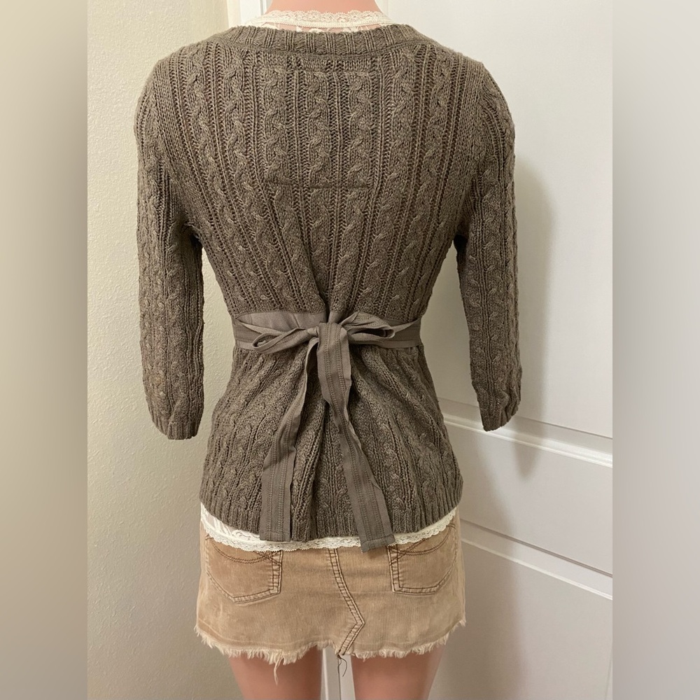 Y2K vintage Abercrombie brown knit babydoll tie waist one button cardigan. - Picture 2 of 14